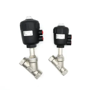 DN20 Actuator Cut-off Y-type Pneumatic Angle Seat Valve Stainless Steel Finish PTFE Sealing Female Thread High Temperature