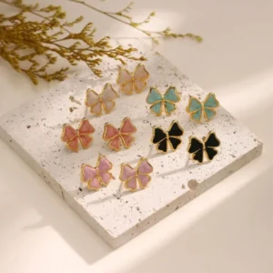 Non-Allergic 18K Gold PVD Plated Stainless Steel Earrings Waterproof Multi-Color Cold Enamel Small Bow Knot Stud Earrings